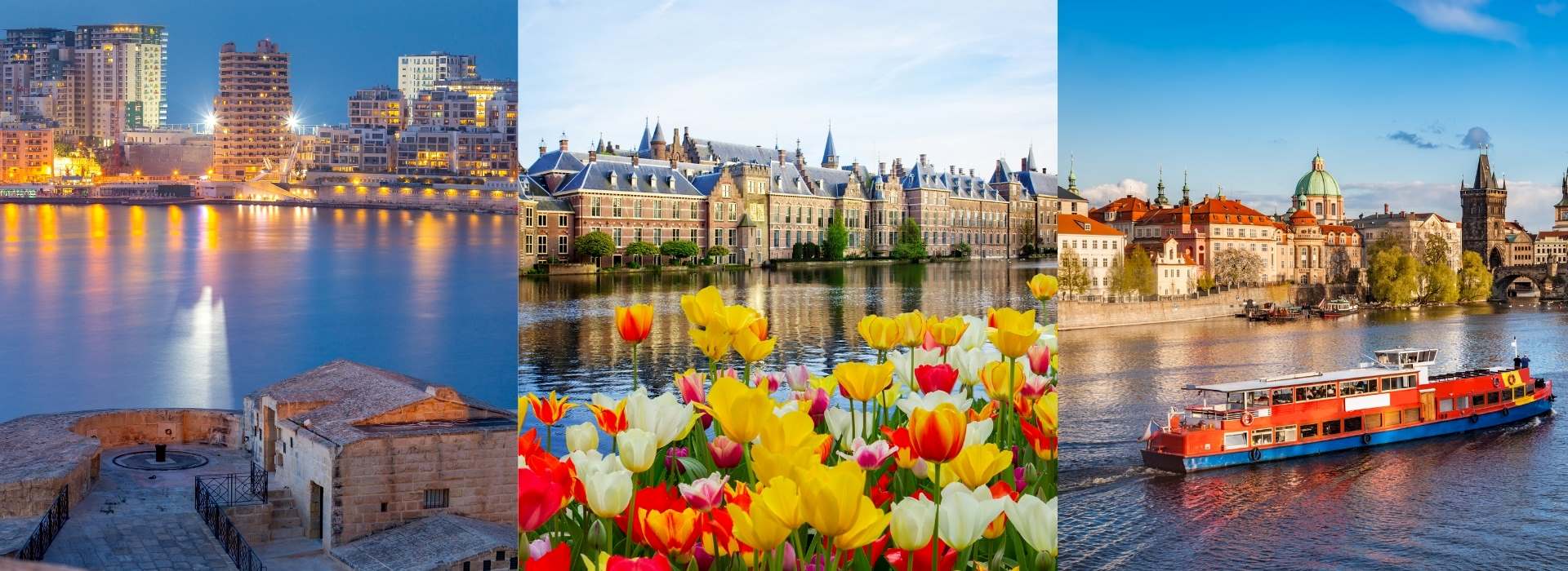 A panoramic collage of three different cityscapes. On the left, a nighttime view of a modern city waterfront with illuminated buildings reflected in the water. In the center, a historic building complex by a calm river with vibrant tulips in the foreground. On the right, a daytime view of a picturesque riverbank with historical architecture, a boat on the river, and a bridge in the distance.